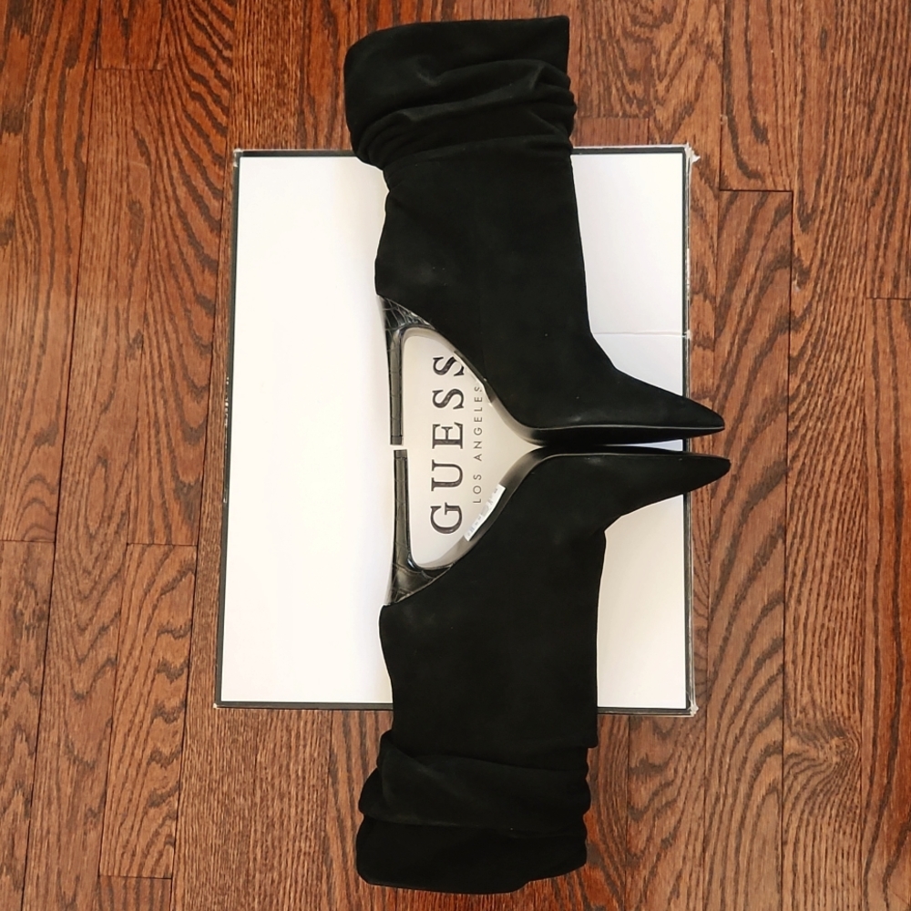 Guess Suede Stiletto Scrunched Booties. Backy